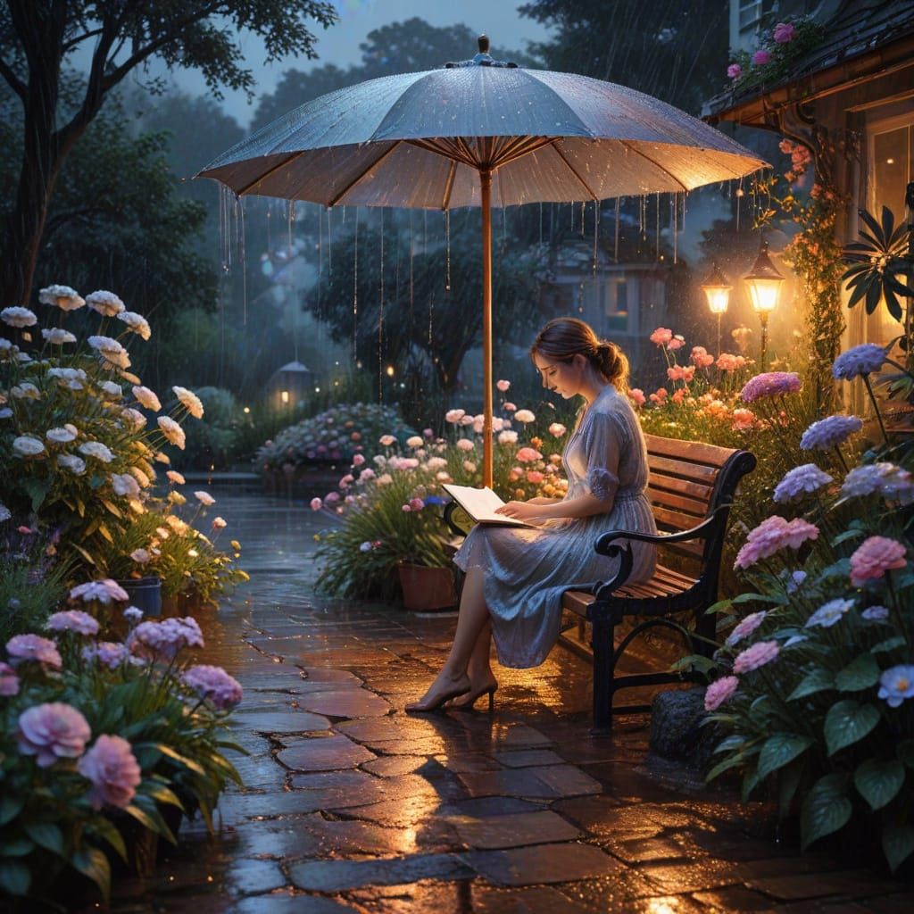 Woman Reading in Summer Rain: Watercolor Painting