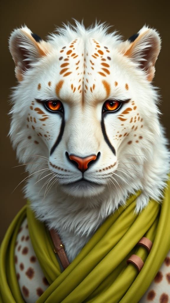 Hyper-Realistic White Cheetah Portrait in Elegant Robes