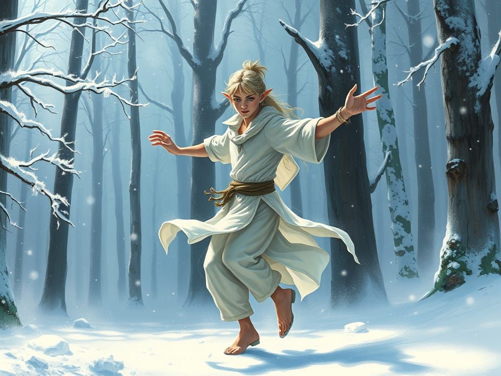 Ethereal Elf Dances in Snowy Forest Glade