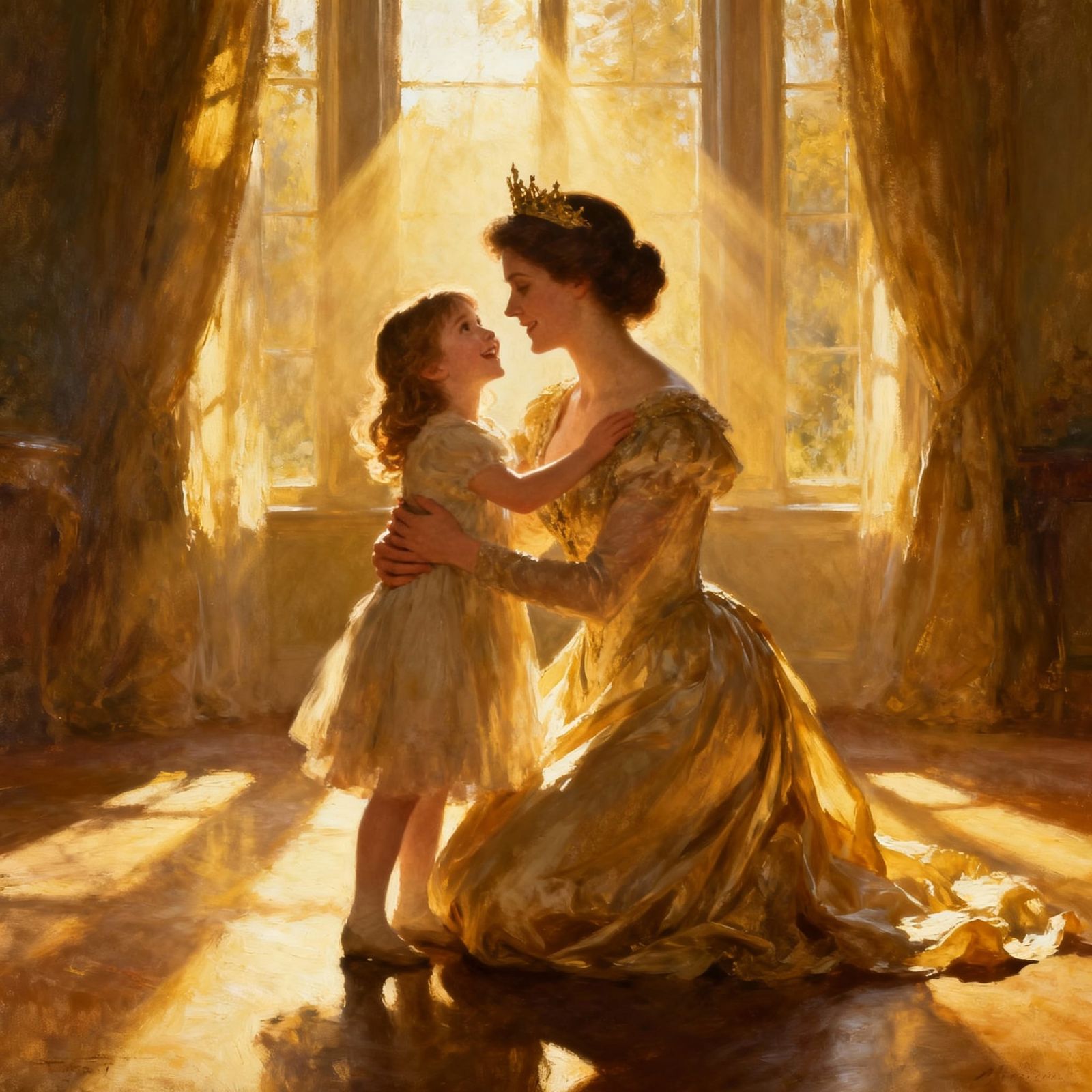 Regal Queen Embraces Joyful Princess in Sunlit Room