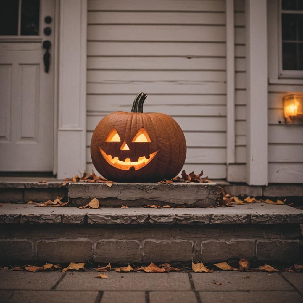 Glowing Carved Pumpkin on Front Porch