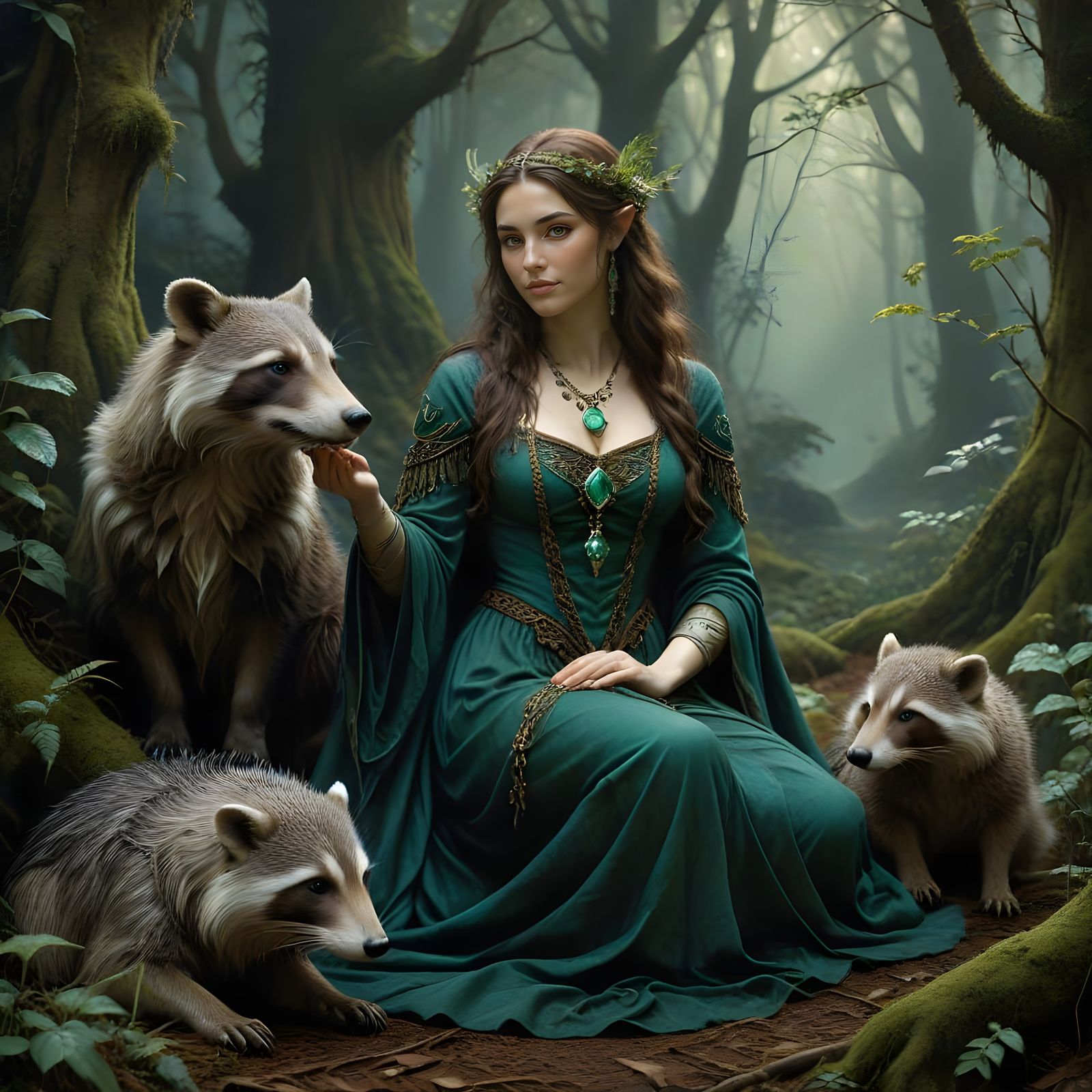 Norse Goddess With Badger in Muted Dark Colors