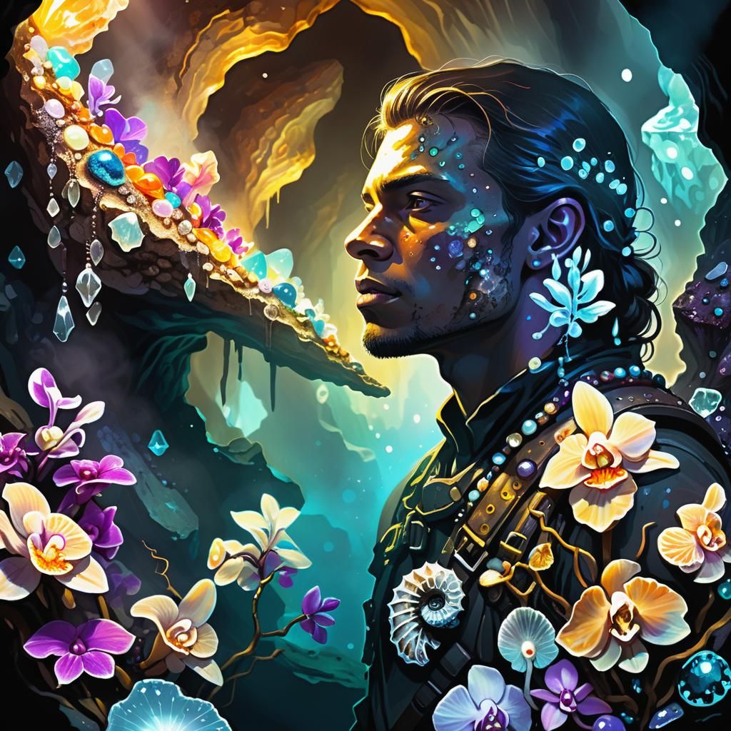 Adventurer in Crystal Cavern with Neon Ink Splatters