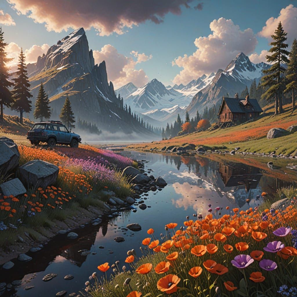 Whimsical Sunset Landscape with Vibrant Poppies and Swirling...