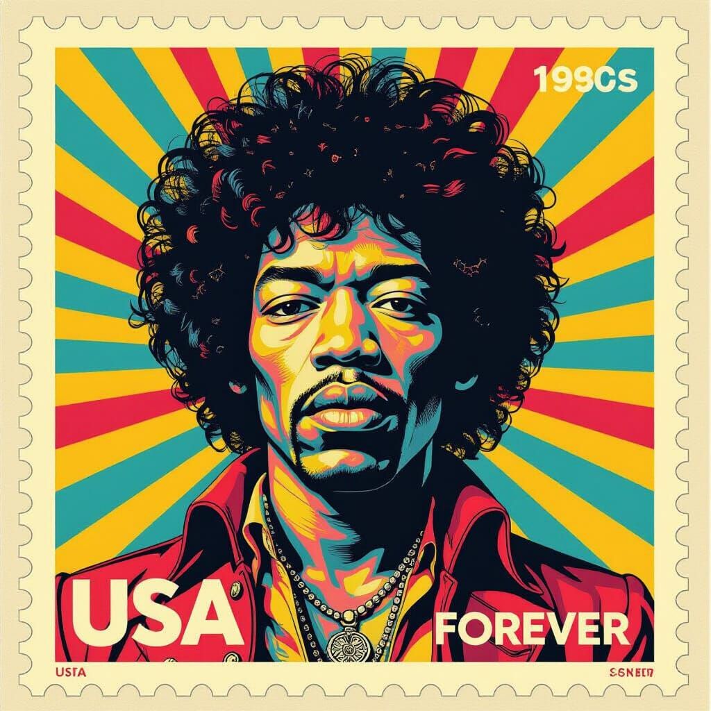 Retro-Futurist Jimi Hendrix Postage Stamp Art