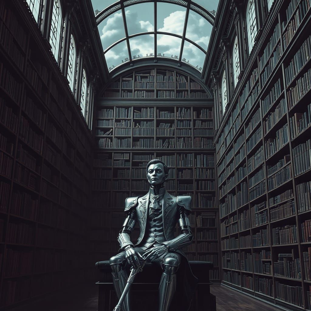 Eerie Library with Blank Books and Silent Automaton