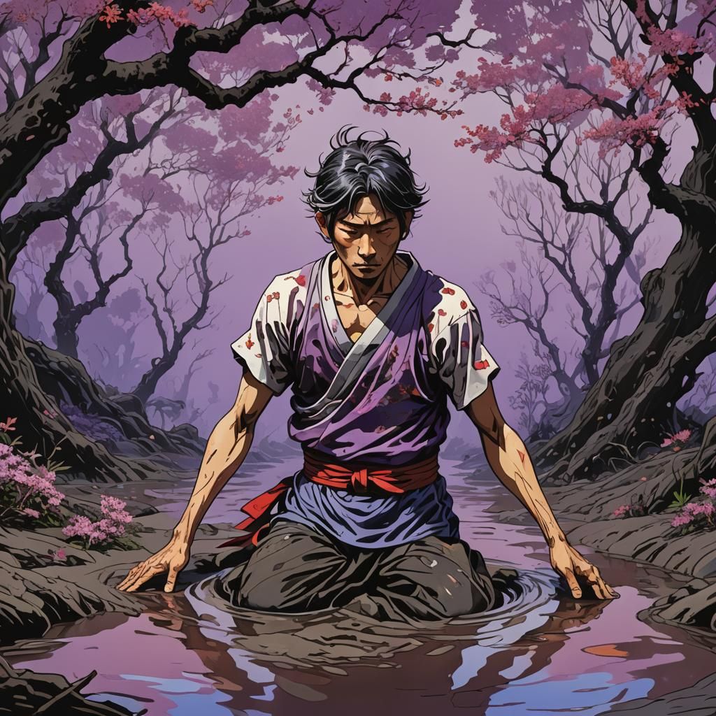 Japanese Man Emerges from Swamp: Gouache Action Painting