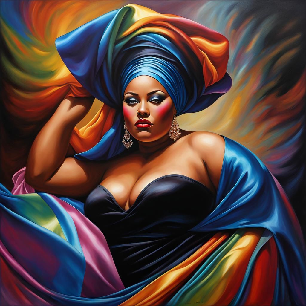 BBW Woman in Rainbow Satin, Abstract Oil Painting