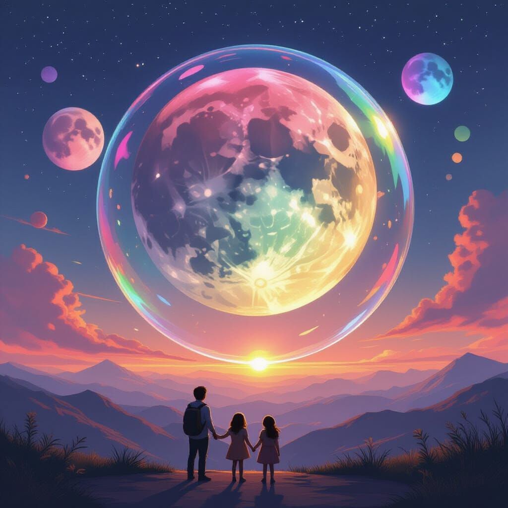 Three Huge Moons with Rainbow Hues Above Protected Figures