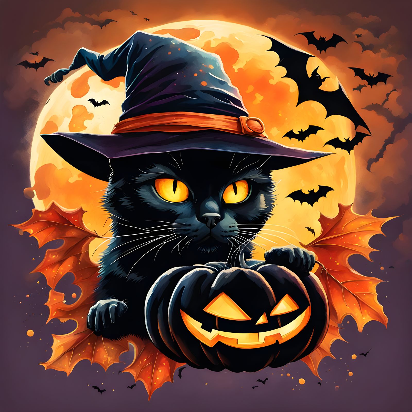 Halloween Scene with Jack-o'-Lantern in Watercolor Style