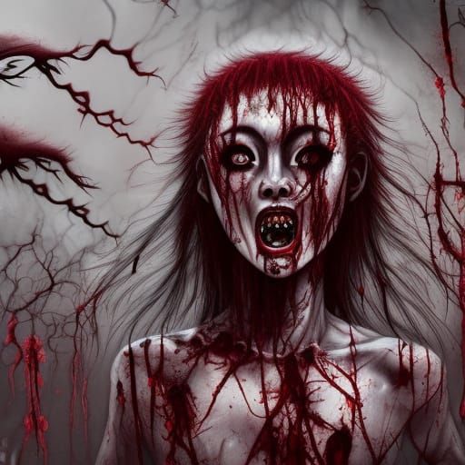 Junji Ito Style Horror: Girl Covered in Blood