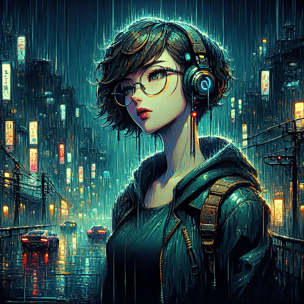 Cyberpunk Pixie in Rainy Tokyo Night