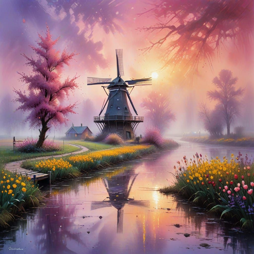 Vibrant Dutch Windmill Amidst Blooming Tulip Fields