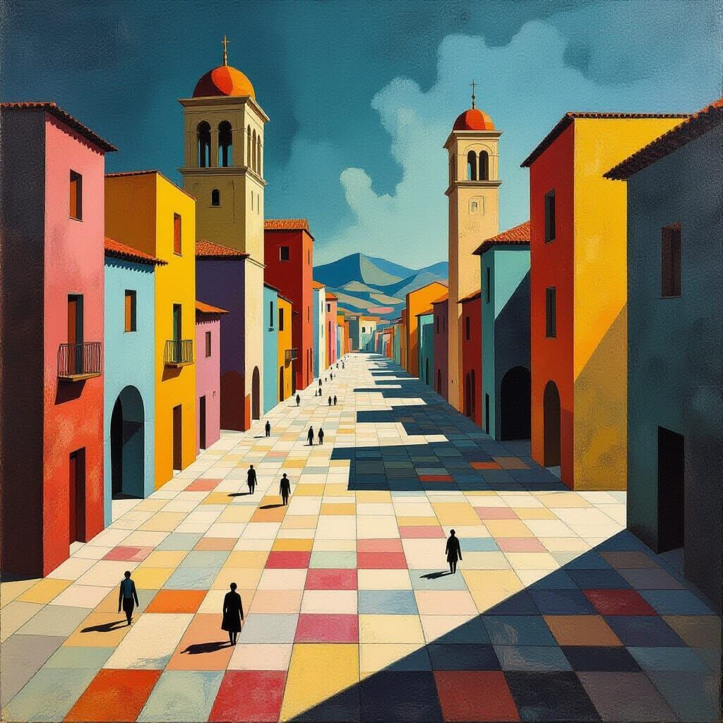 Metaphysical Piazza With Cubist Structures