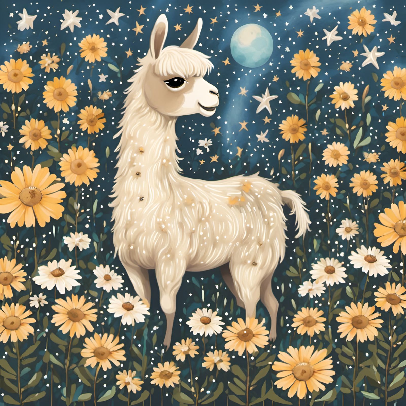 Alpaca in Starry Night Garden, Post-Impressionist Style