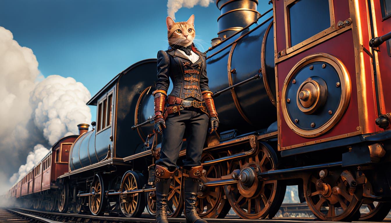 Steampunk Cat Adventurer at Steam-Powered Train