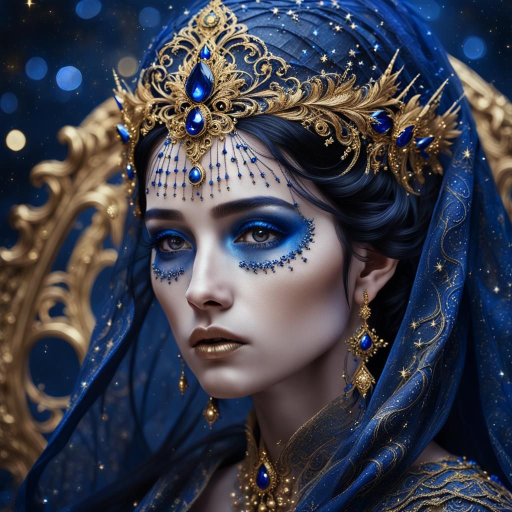 Ethereal Lady with Cobalt Veil in Baroque Style