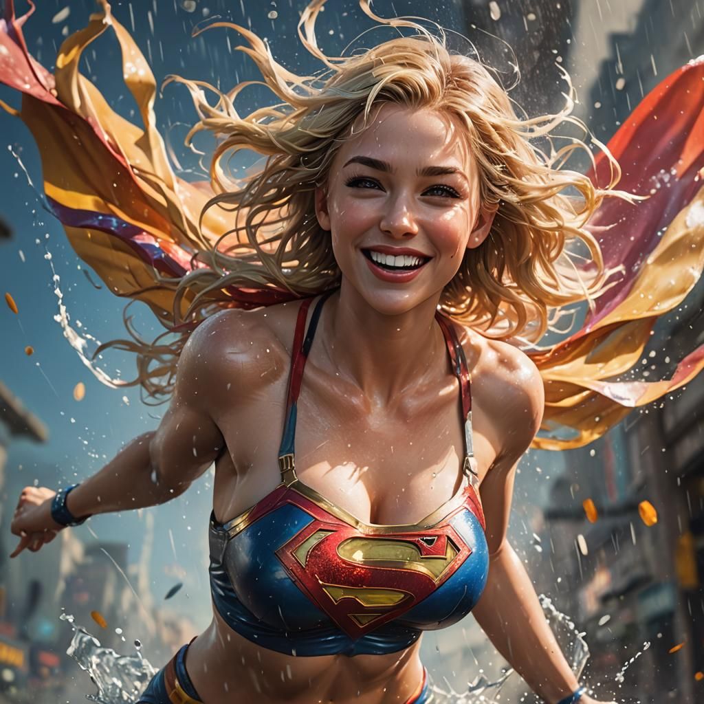 Hyperrealistic Super Girl Flying Towards Viewer