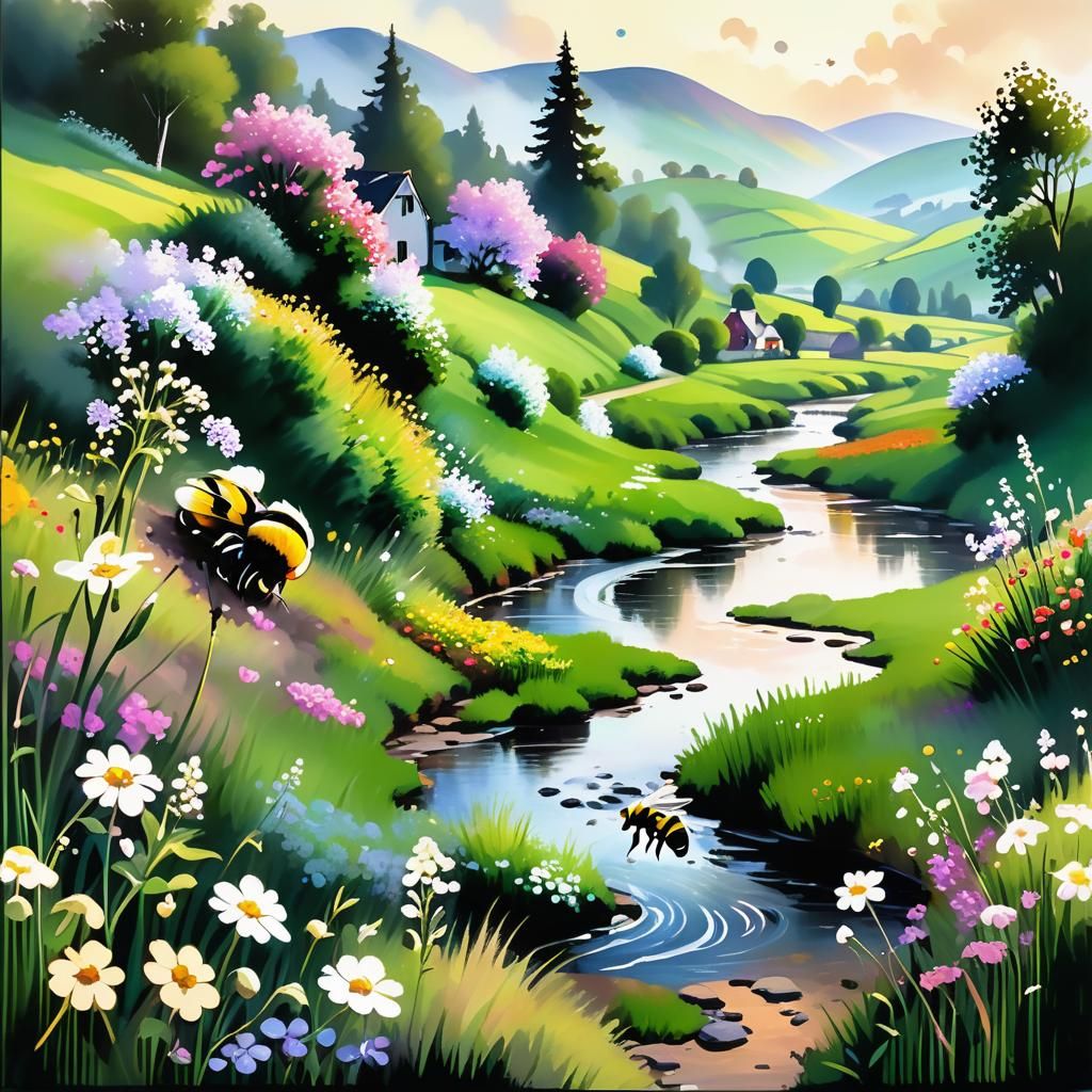 Idyllic Ravine Landscape in Impressionist Style