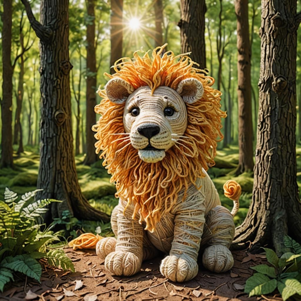 Yarn Lion in Forest Glade, Naive Art