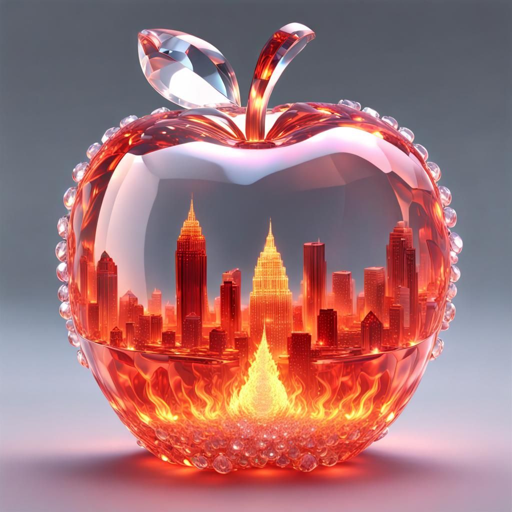 Crystal Apple Figurine with Burning City, Art Nouveau