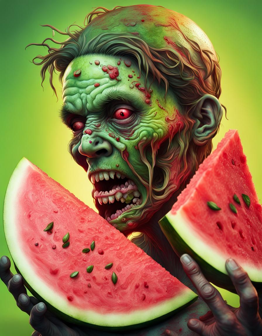 Hyperrealistic Watermelon Zombie in Splash Art Style