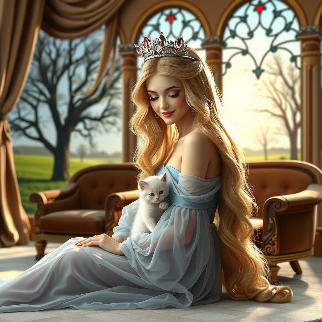 Princess Aurora Portrait with Kitten and Spring View