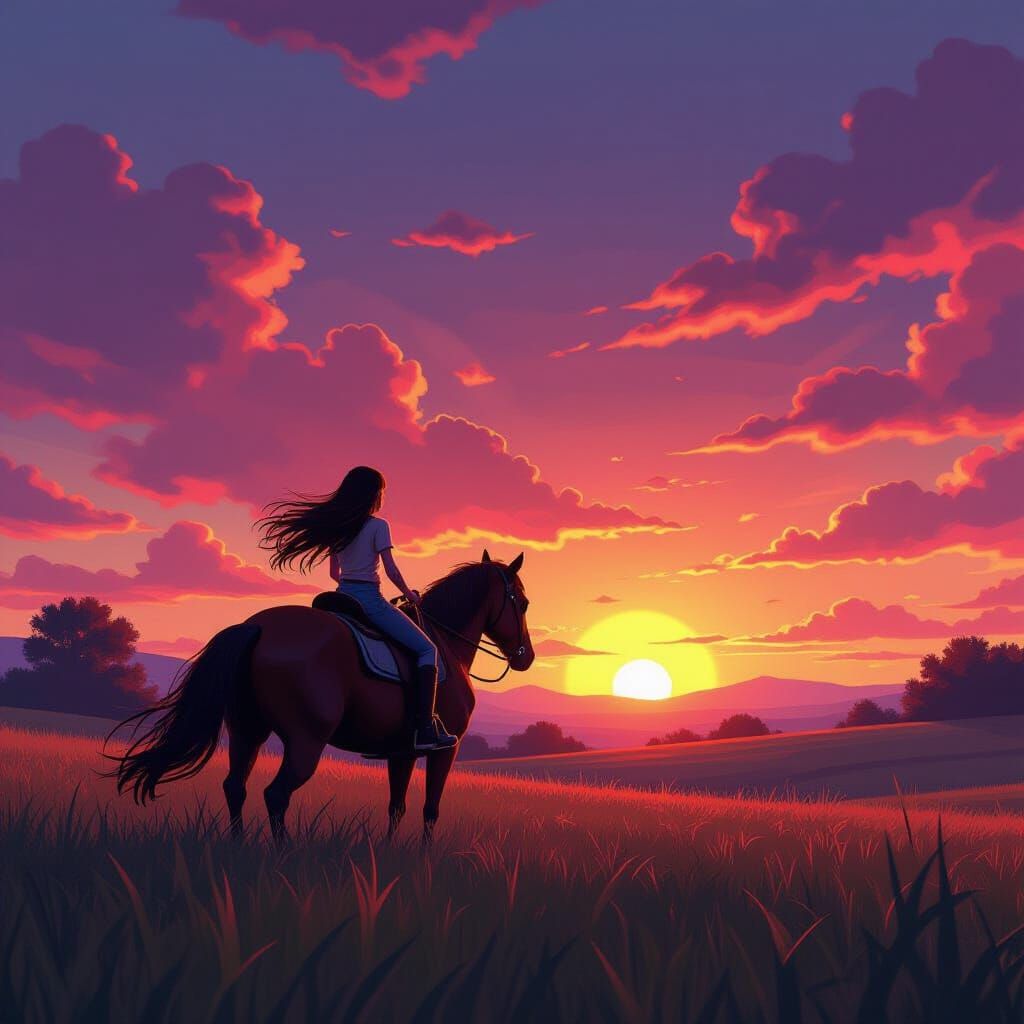 Girl Riding Horse into Sunset in Xbox Cartoon Style