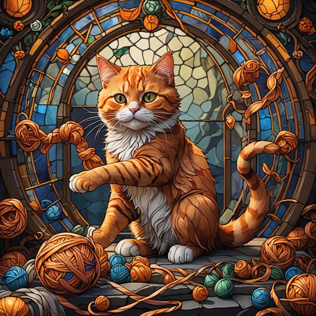 Stained Glass Orange Cat Plays with Yarn