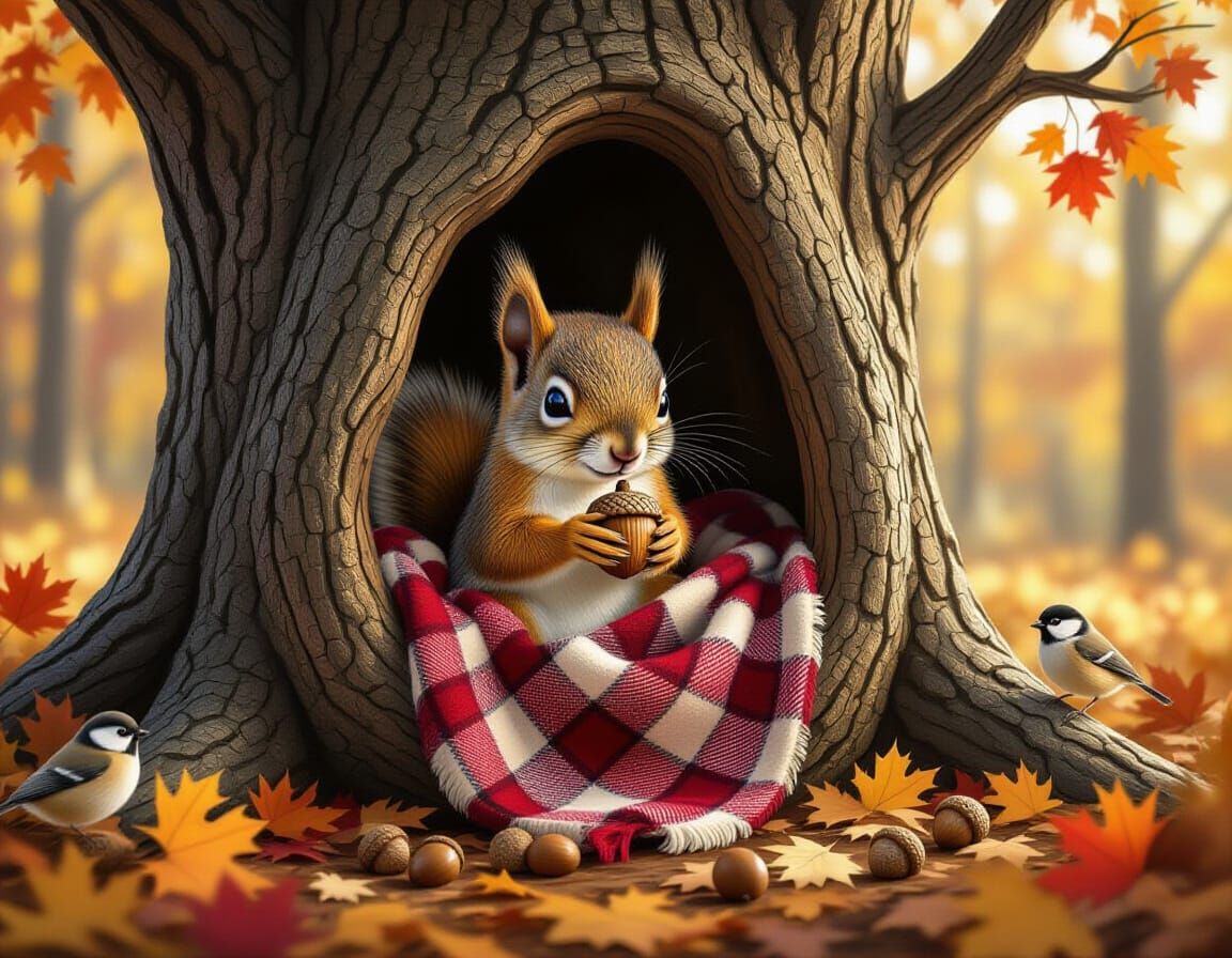 Baby Squirrel in Autumn Oak Grove, Children's Illustration S...