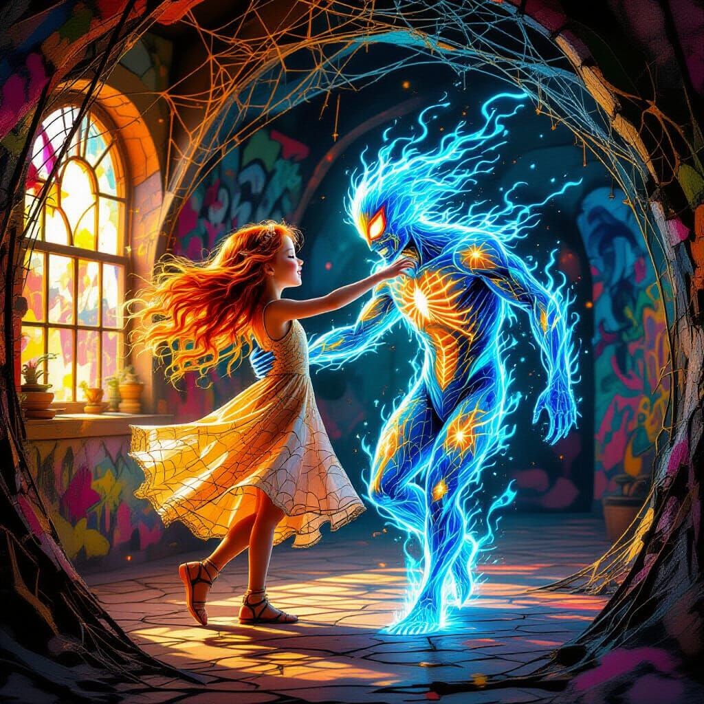 Girl in Spider Web Dress Embraced by Fire Spirit