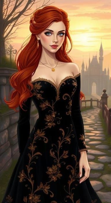 Ethereal Woman in Velvet Gown: Color Pencil Illustration