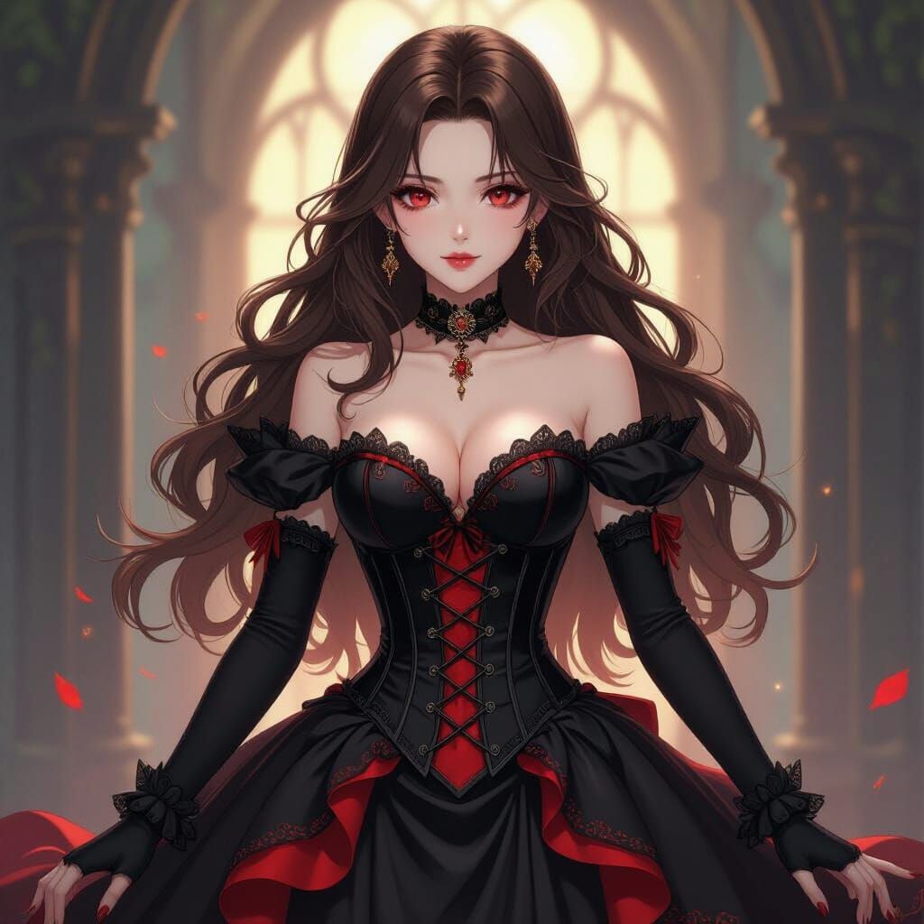 Vampire Princess in Black and Red Corset Dress, Anime Key Vi...