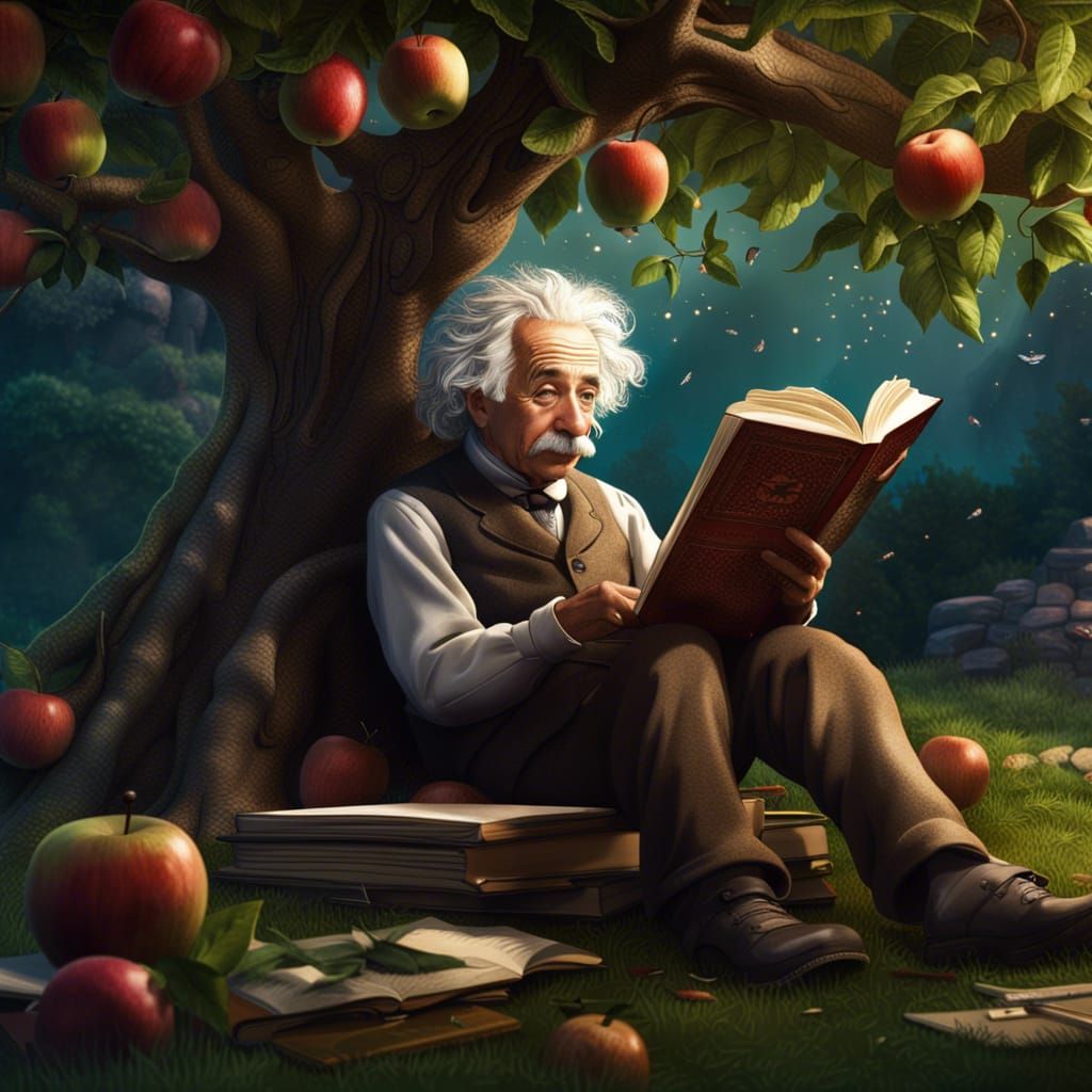 Einstein Reading Under Apple Tree: Detailed Matte Painting