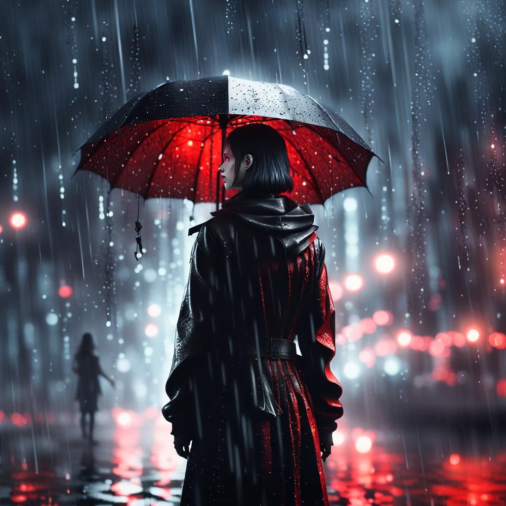 Ethereal Goth Woman in Rain, Anime Concept Art