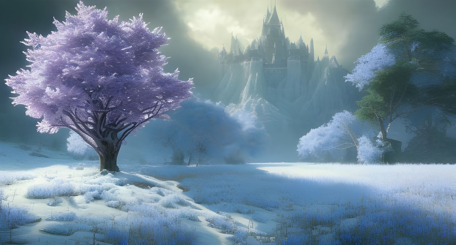 Magical Blossom Tree in Winter Landscape, Digital Art