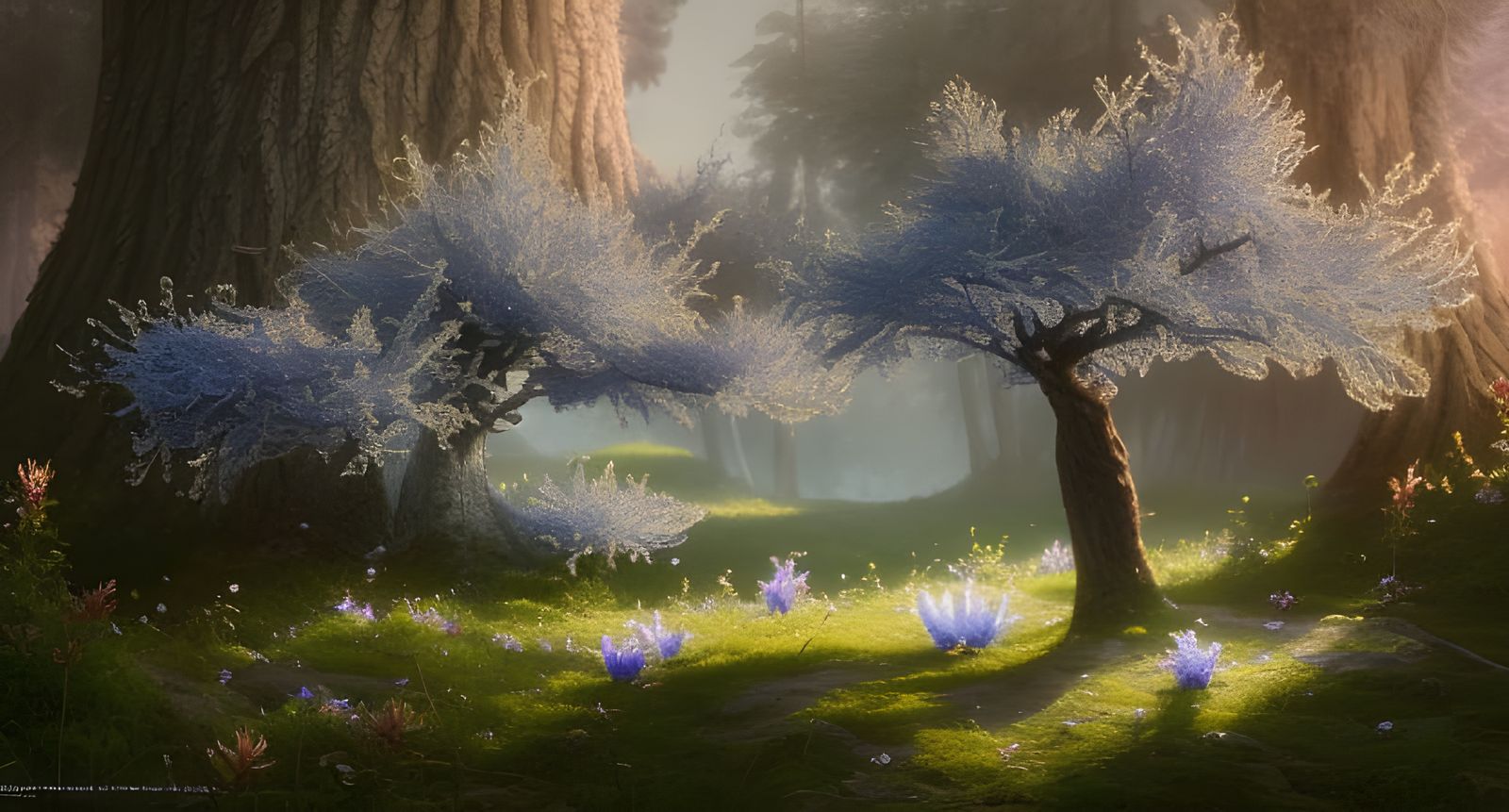 Magical Blossom Tree in Winter Landscape, Digital Art