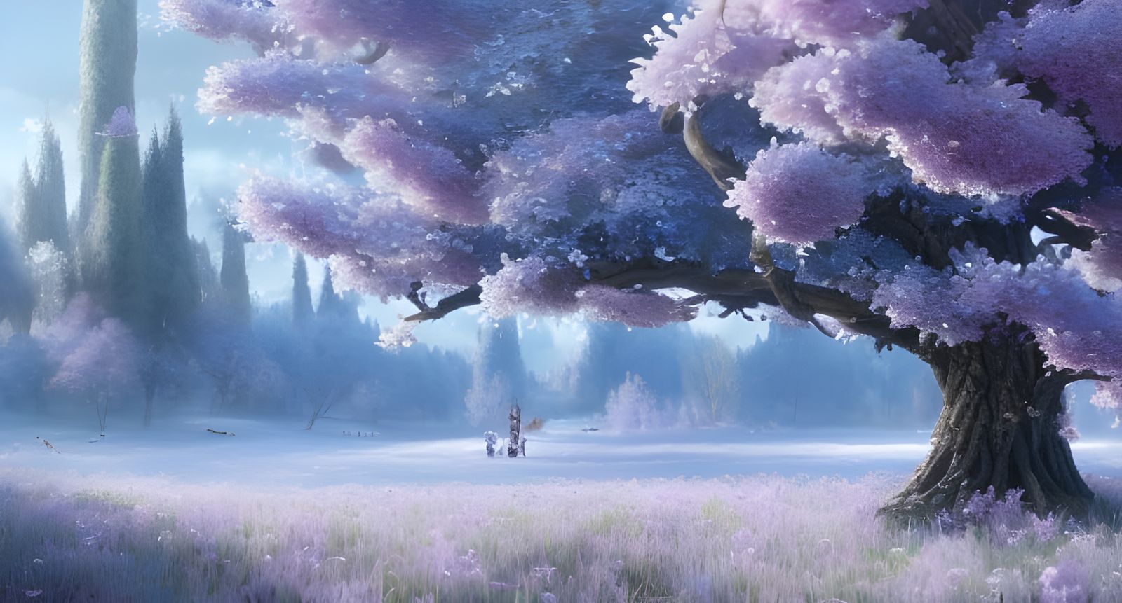 Magical Blossom Tree in Winter Landscape, Digital Art