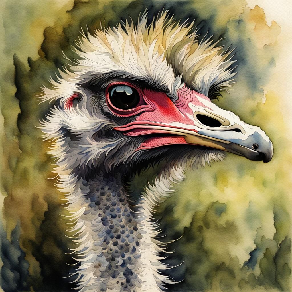 Intricate Watercolour Ostrich Portrait