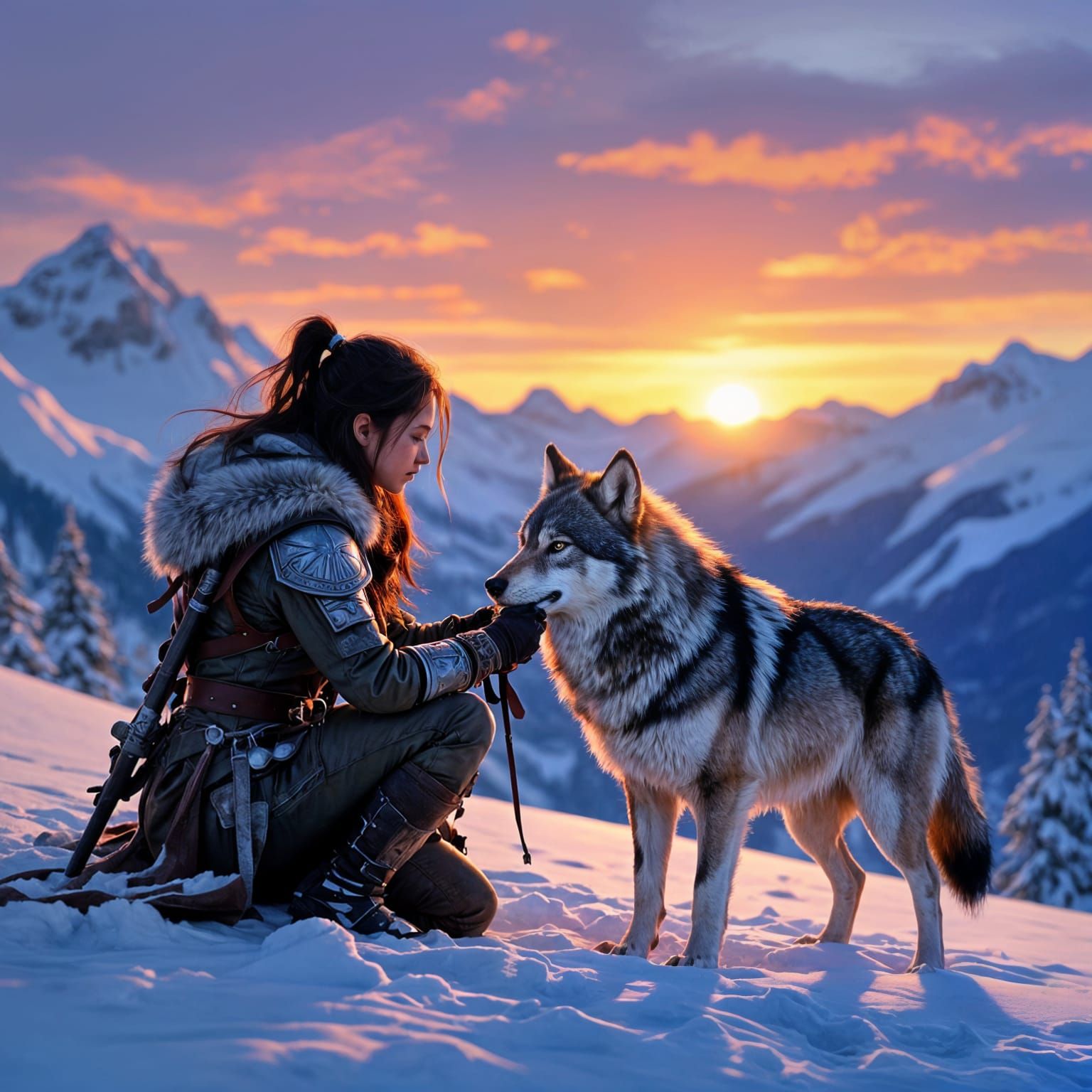 Girl Warrior and Wolf Bonding on Snowy Mountain
