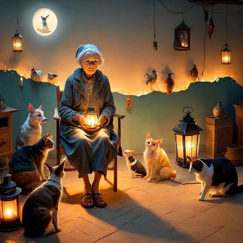 Magical Companionship: Old Woman and Adoring Pets