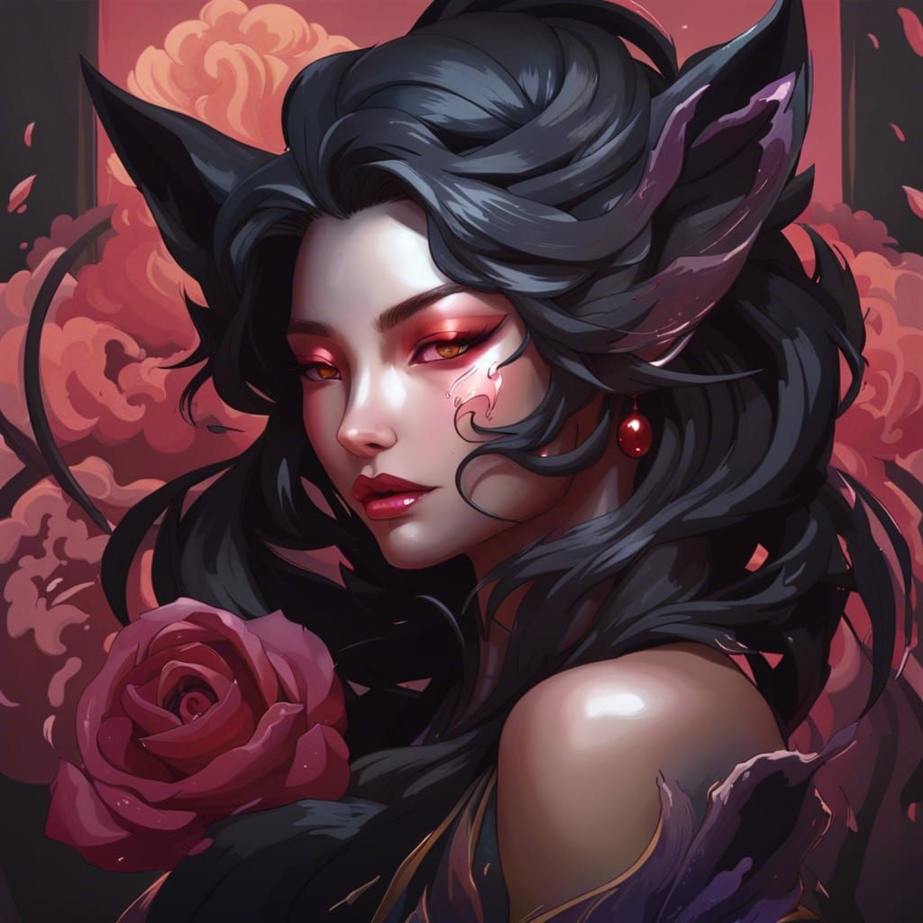 Black Rose Kitsune Portrait in Hyperdetailed Style