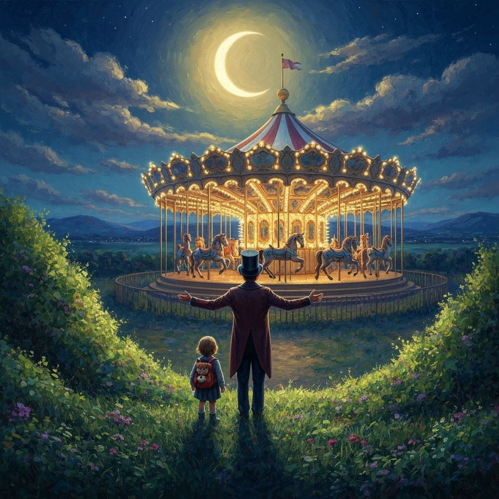 Magical Night Landscape with Giant Carousel and Showman