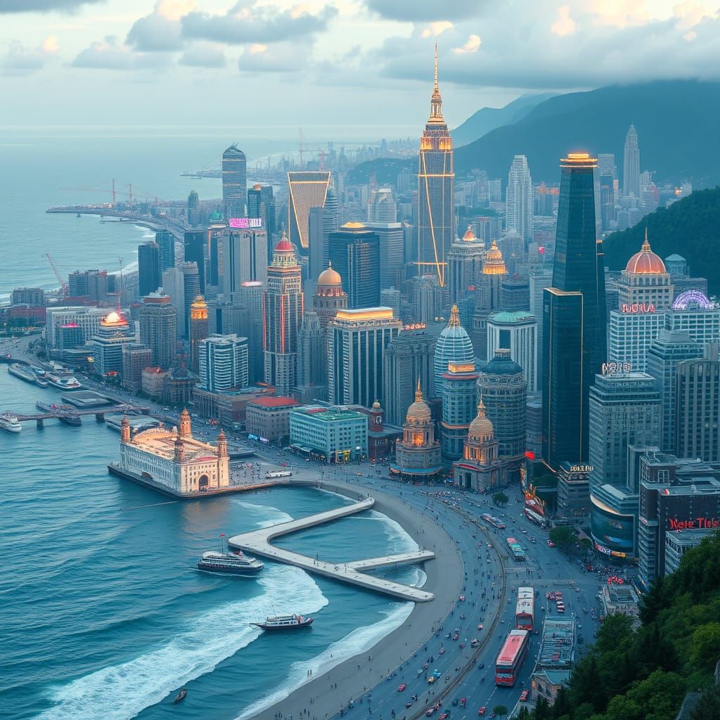 Vibrant Futuristic Cityscape with American Landmarks