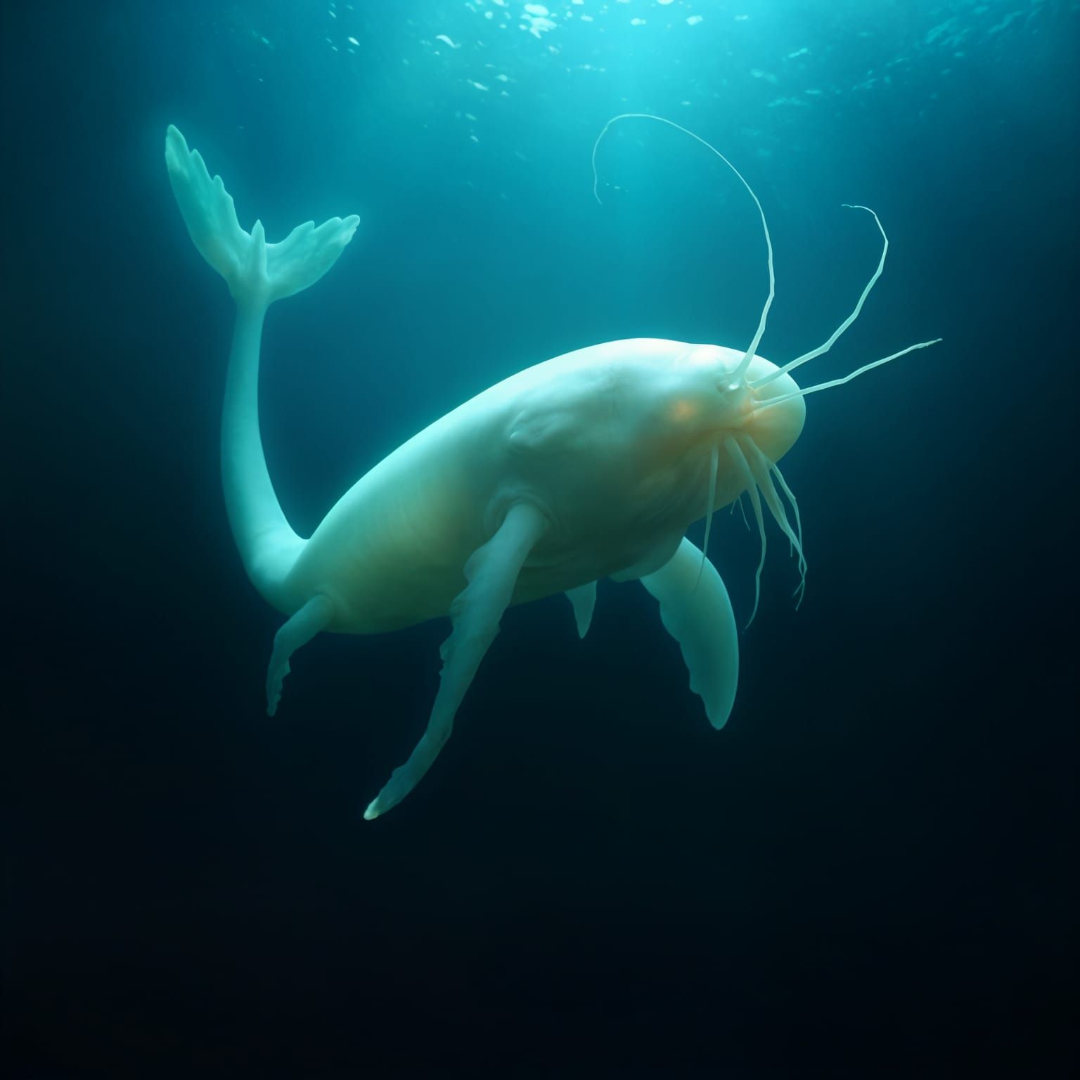 Ghostly Depths: Translucent Whale Hybrid in Dark Abyssal Wat...