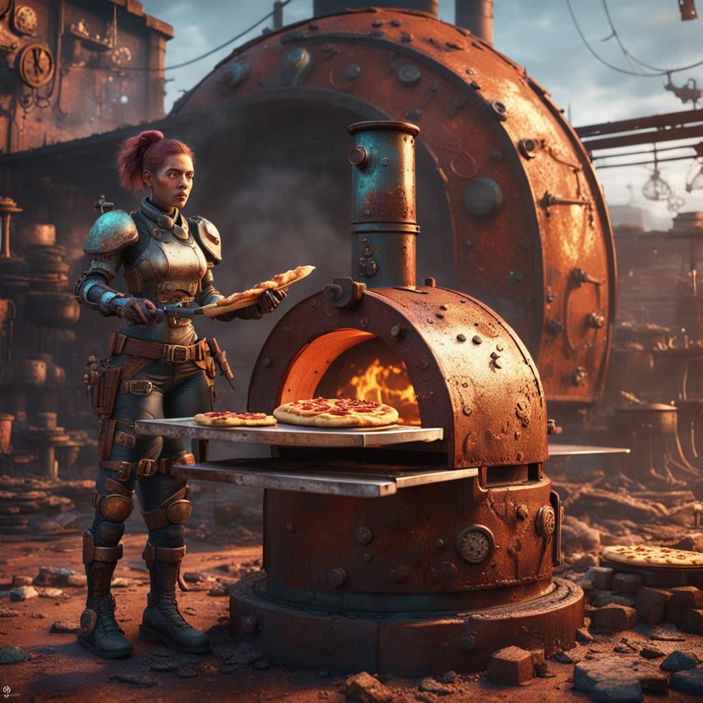 Cyborg Pizza Chef in Steampunk Wasteland