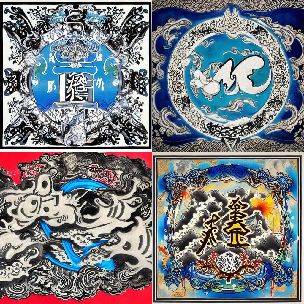 Japanese Ink Family Crest with Wolves and Cerulean Blue