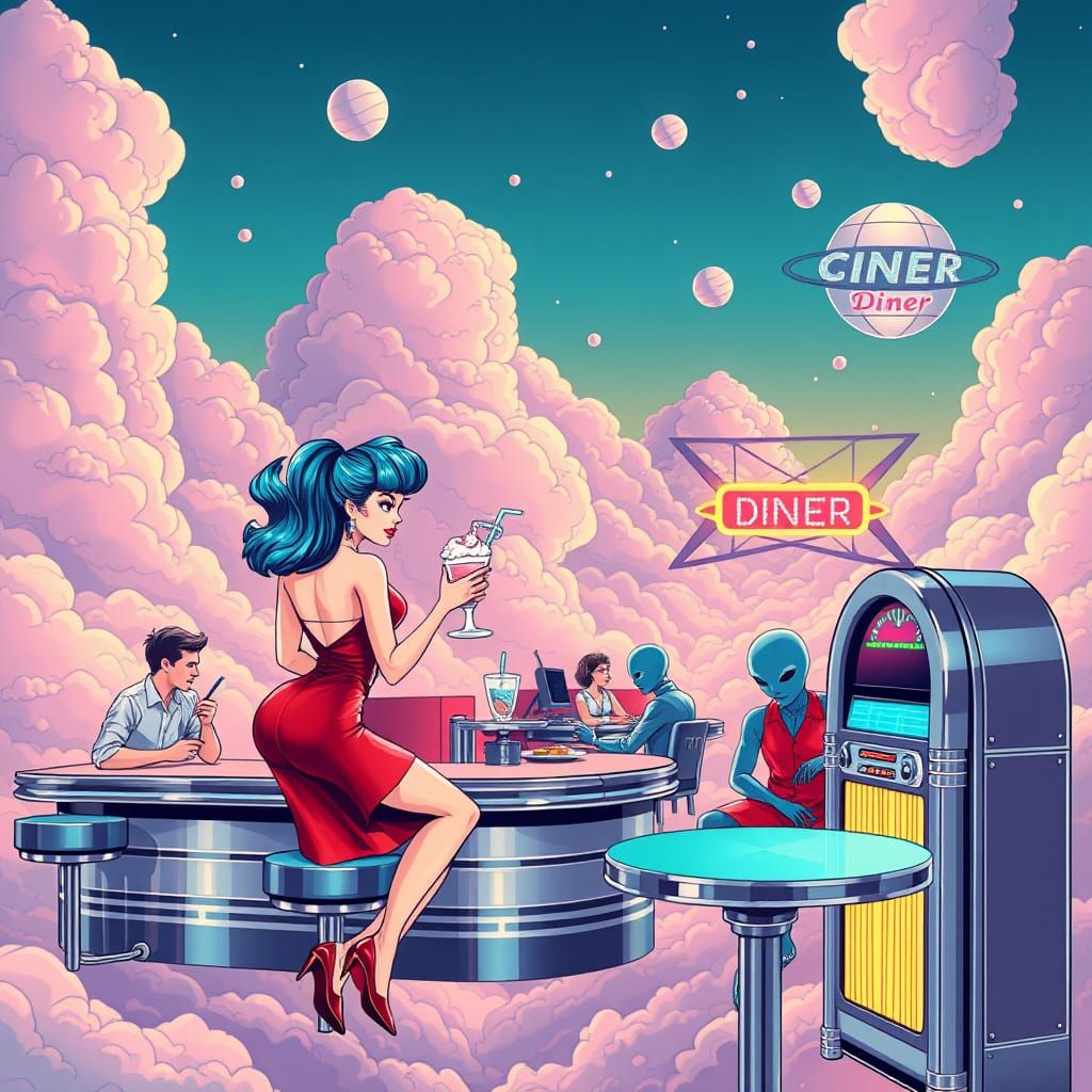 Retro-Futuristic Diner in the Clouds: Digital Illustration
