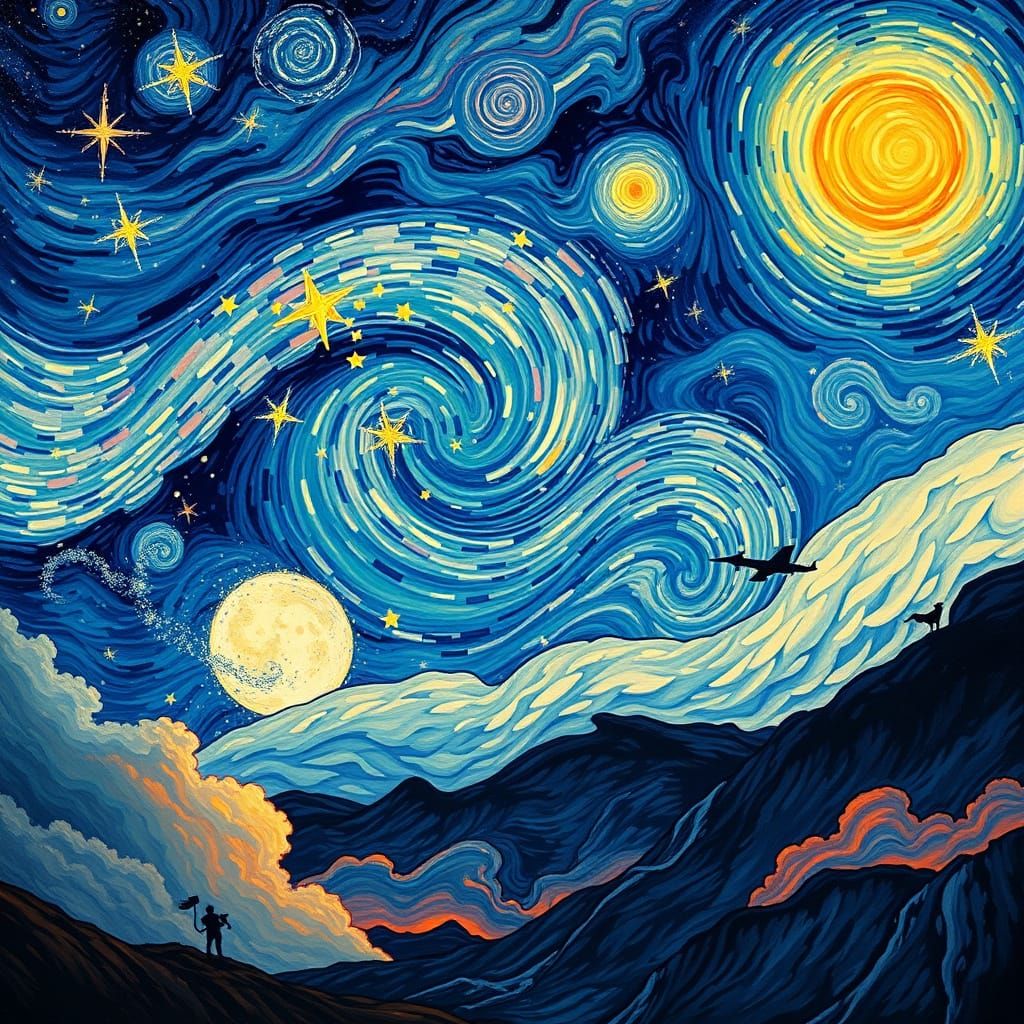 Mystical Starry Landscape in a Whimsical Style