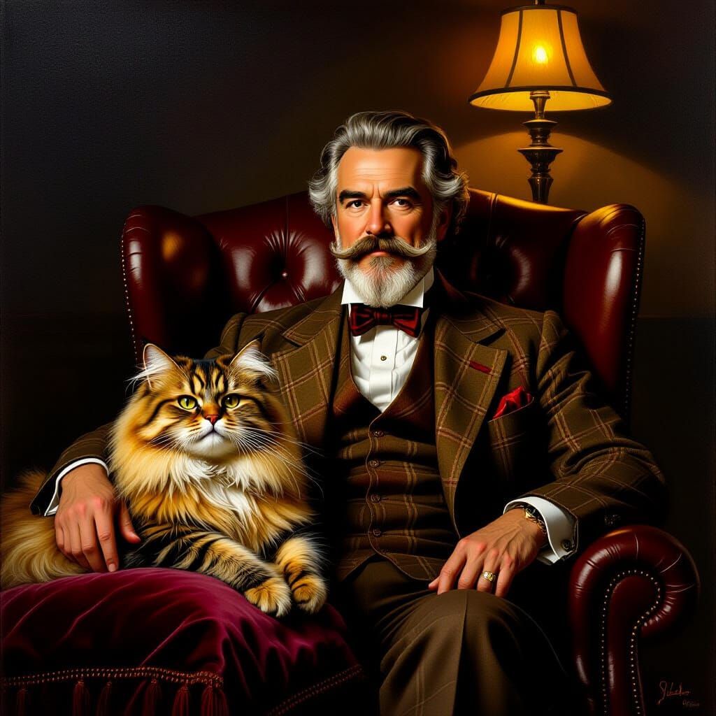 Gentleman and Persian Cat in Cozy Study